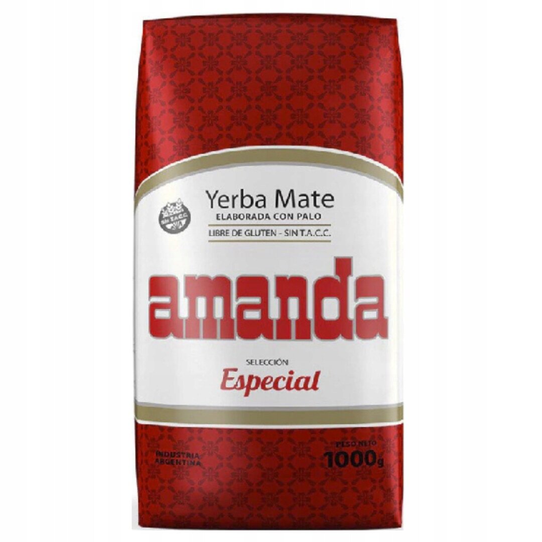Opakowanie Yerba Mate Amanda Seleccion Especial 1kg z czerwonym wzorem i białym tłem. Widoczny tekst: \'Yerba Mate elaborada con palo, libre de gluten - sin T.A.C.C., amanda, Selección Especial, Industria Argentina, Peso Neto 1000g\'.