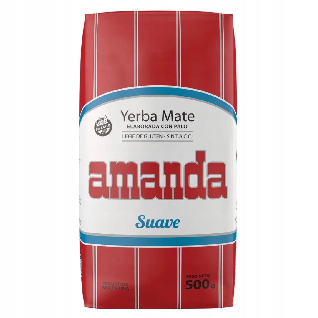 Opakowanie Yerba Mate Amanda Suave 500g z czerwonymi i białymi paskami oraz niebieskim napisem \'Suave\'. Widoczny tekst: \'Yerba Mate elaborada con palo, libre de gluten - sin T.A.C.C., industria argentina, peso neto 500g\'.