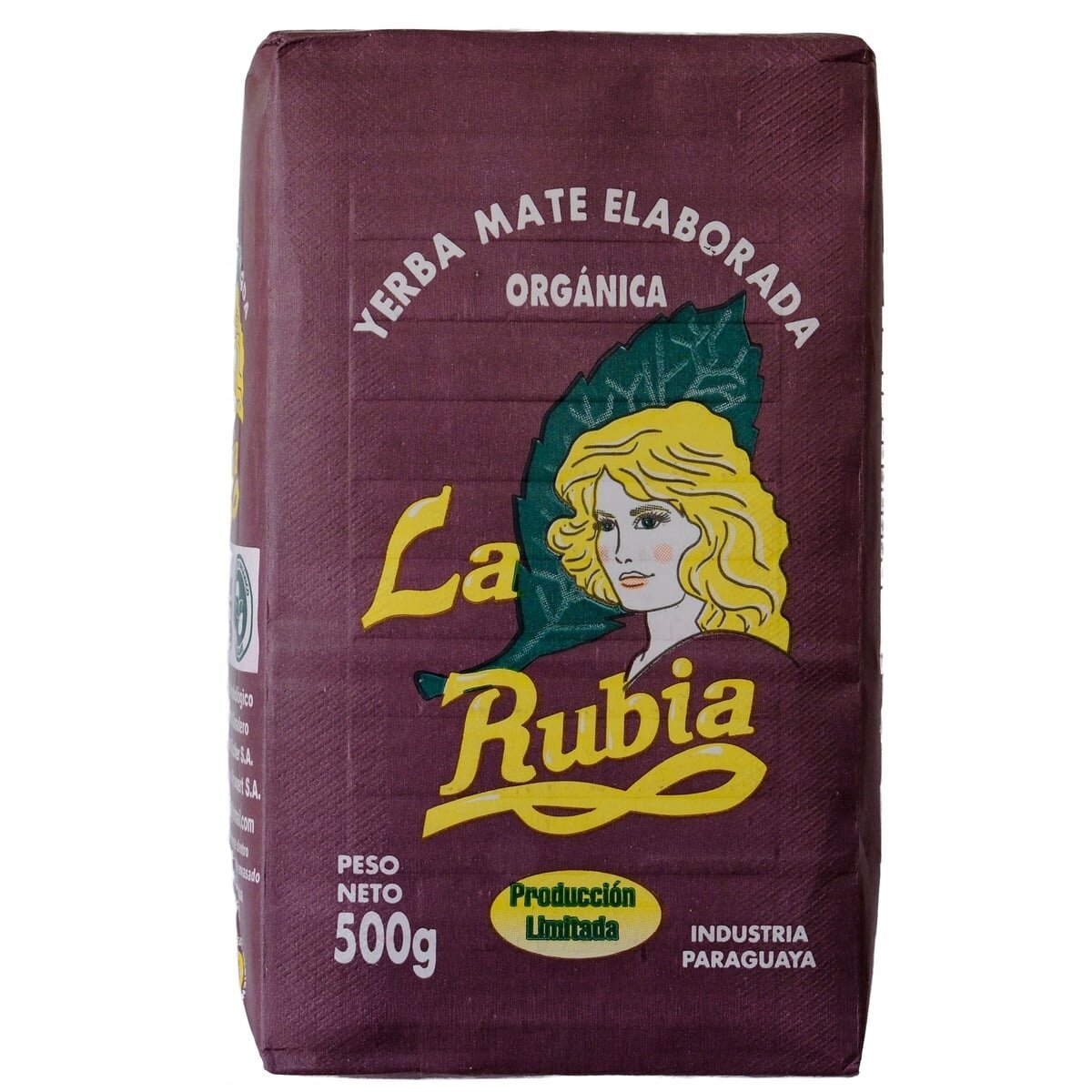Opakowanie Yerba Mate La Rubia Elaborada Con Palo Tradicional 0,5kg w kolorze bordowym z ilustracją kobiety i zielonym liściem. Widoczny tekst: \'Yerba Mate Elaborada Orgánica\', \'La Rubia\', \'Peso Neto 500g\', \'Producción Limitada\', \'Industria Paraguaya\'.