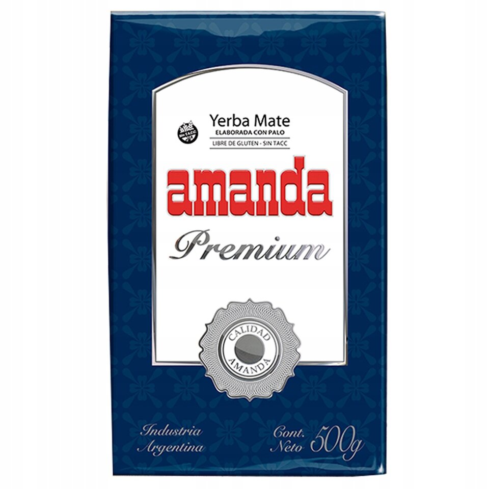 Opakowanie Yerba Mate Amanda Premium 500g z niebieskim tłem i białą etykietą. Na etykiecie widnieje tekst: \'Yerba Mate Elaborada Con Palo Libre de Gluten - Sin TACC amanda Premium Industria Argentina Cont. Neto 500g\'.