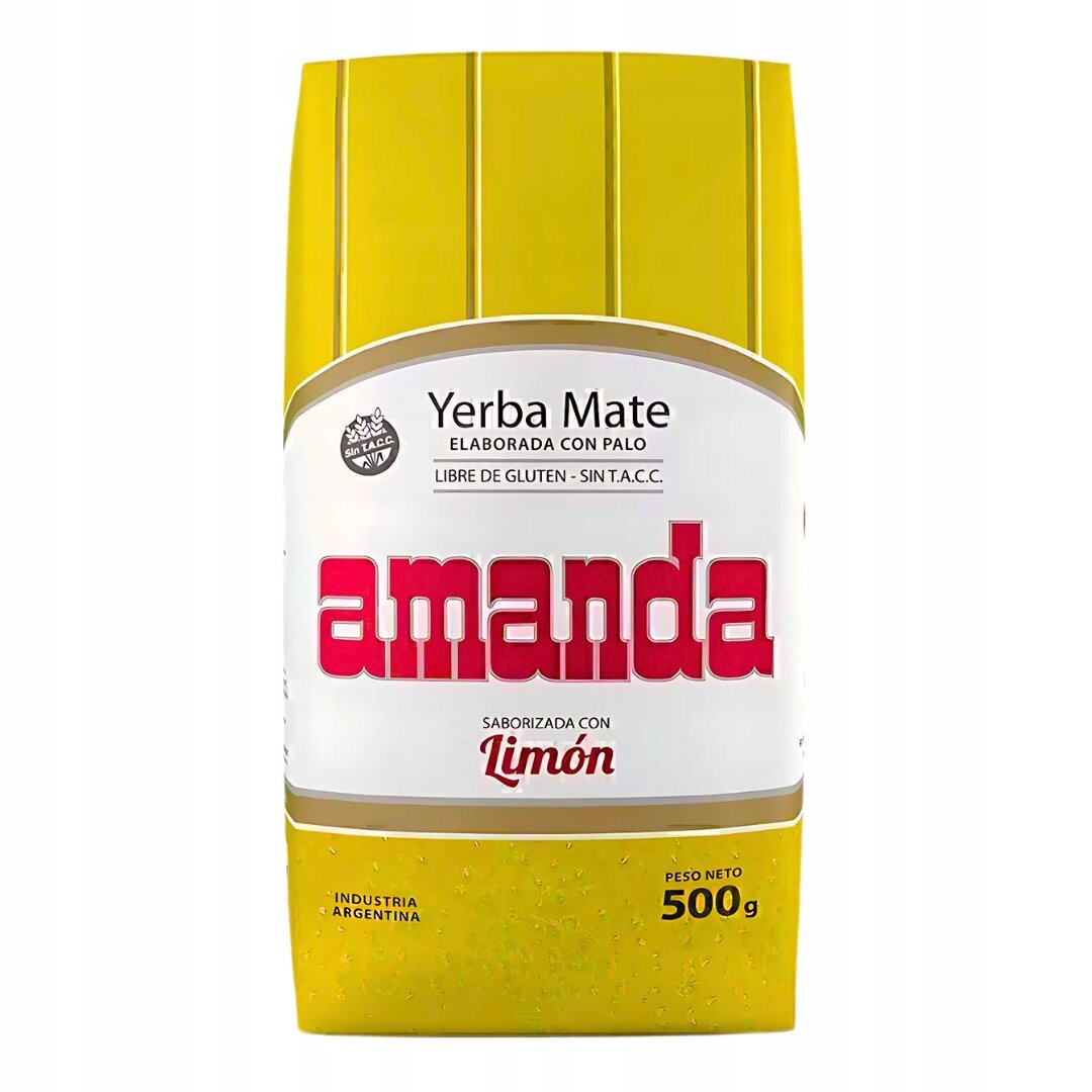 Opakowanie Yerba Mate Amanda Limon o wadze 500 g, z dominującymi kolorami żółtym i białym. Na opakowaniu widnieje napis: \'Yerba Mate elaborada con palo, libre de gluten - sin T.A.C.C., amanda, saborizada con limon, industria argentina, peso neto 500 g\'.