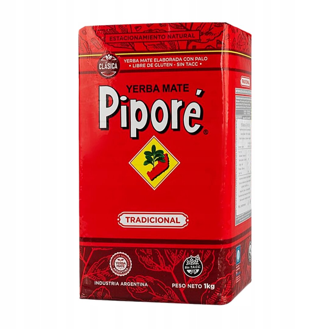Opakowanie Yerba Mate Pipore Tradicional w kolorze czerwonym z logo i napisem \'YERBA MATE PIPORE\'. Widoczny jest również napis \'TRADICIONAL\' oraz informacje o wadze 1kg i pochodzeniu z Argentyny.