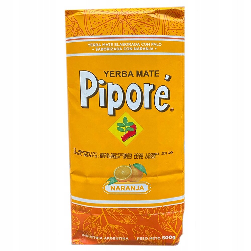 Opakowanie Yerba Mate Pipore Naranja o wadze 500g, w kolorze pomarańczowym z grafiką pomarańczy i logo producenta. Widoczny tekst: \'Yerba Mate Pipore\', \'Naranja\', \'Industria Argentina\', \'Peso Neto 500g\'.