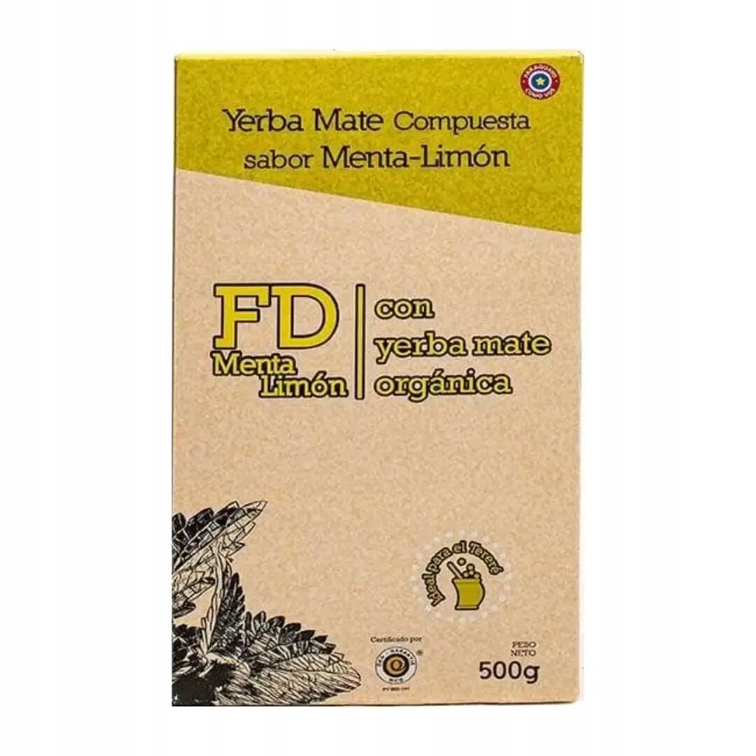 Opakowanie Yerba Mate Compuesta sabor Menta-Limón z napisem \'FD Menta Limón con yerba mate orgánica\'. Na dole widoczny jest rysunek liści oraz oznaczenie wagi 500g.