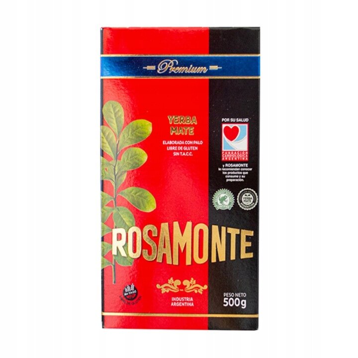 Opakowanie Yerba Mate Rosamonte Premium o wadze 500g, z czerwono-czarną grafiką i zielonymi liśćmi. Widoczny tekst: \'Yerba Mate\', \'Elaborada con palo libre de gluten sin T.A.C.C.\', \'Industria Argentina\', \'Peso Neto 500g\'.