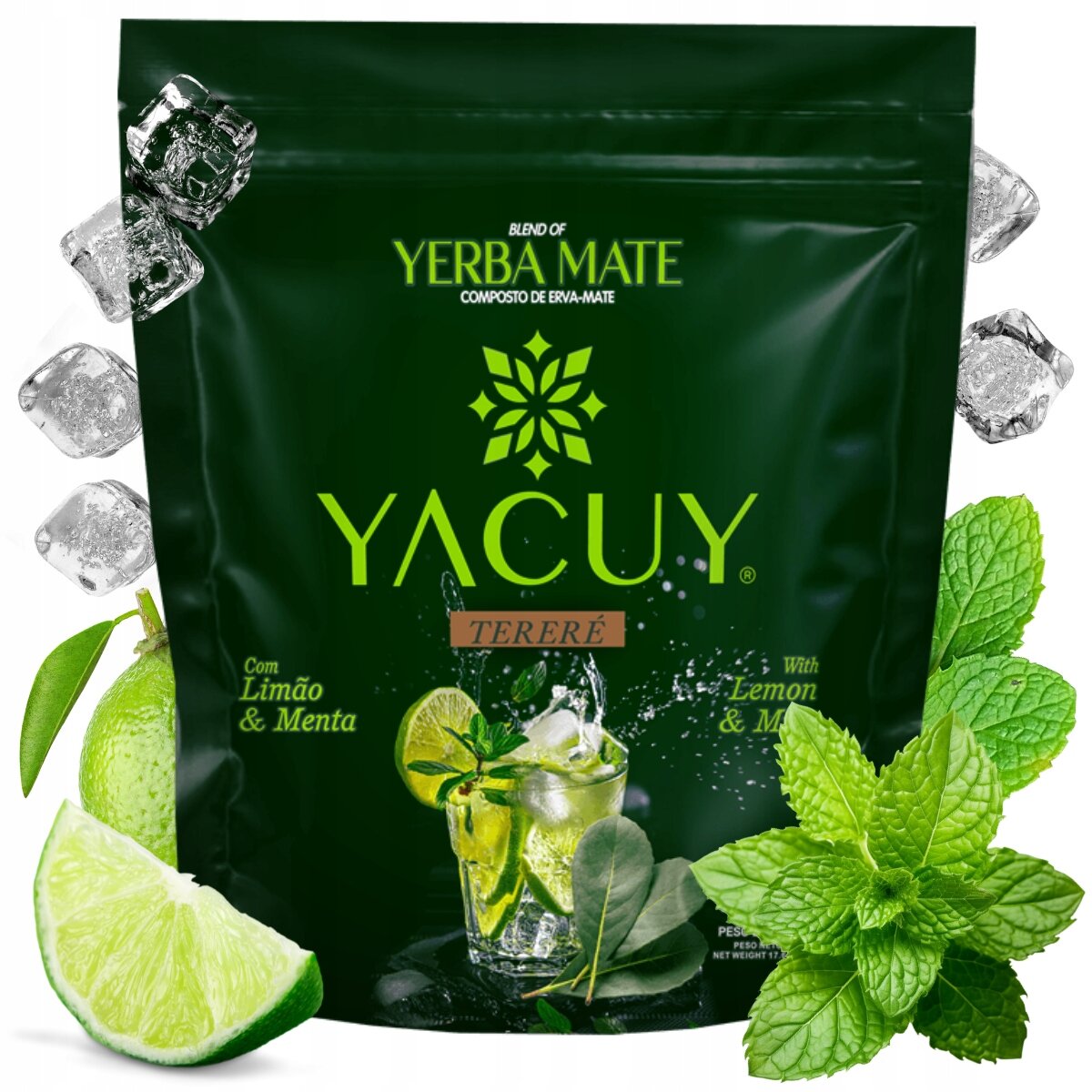 Opakowanie Yerba Mate Yacuy Terere Lemon & Mint z widocznymi kostkami lodu, limonką i liśćmi mięty. Na opakowaniu znajduje się tekst: \'Yacuy Tereré Com Limão & Menta With Lemon & Mint\'.