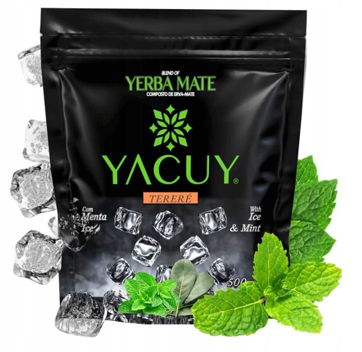Opakowanie Yerba Mate Yacuy Terere z lodem i miętą, ozdobione kostkami lodu i liśćmi mięty. Na opakowaniu widoczny jest napis: \'BLEND OF YERBA MATE\', \'YACUY\', \'TERERÉ\', \'Com Menta Ice\', \'With Ice & Mint\'.