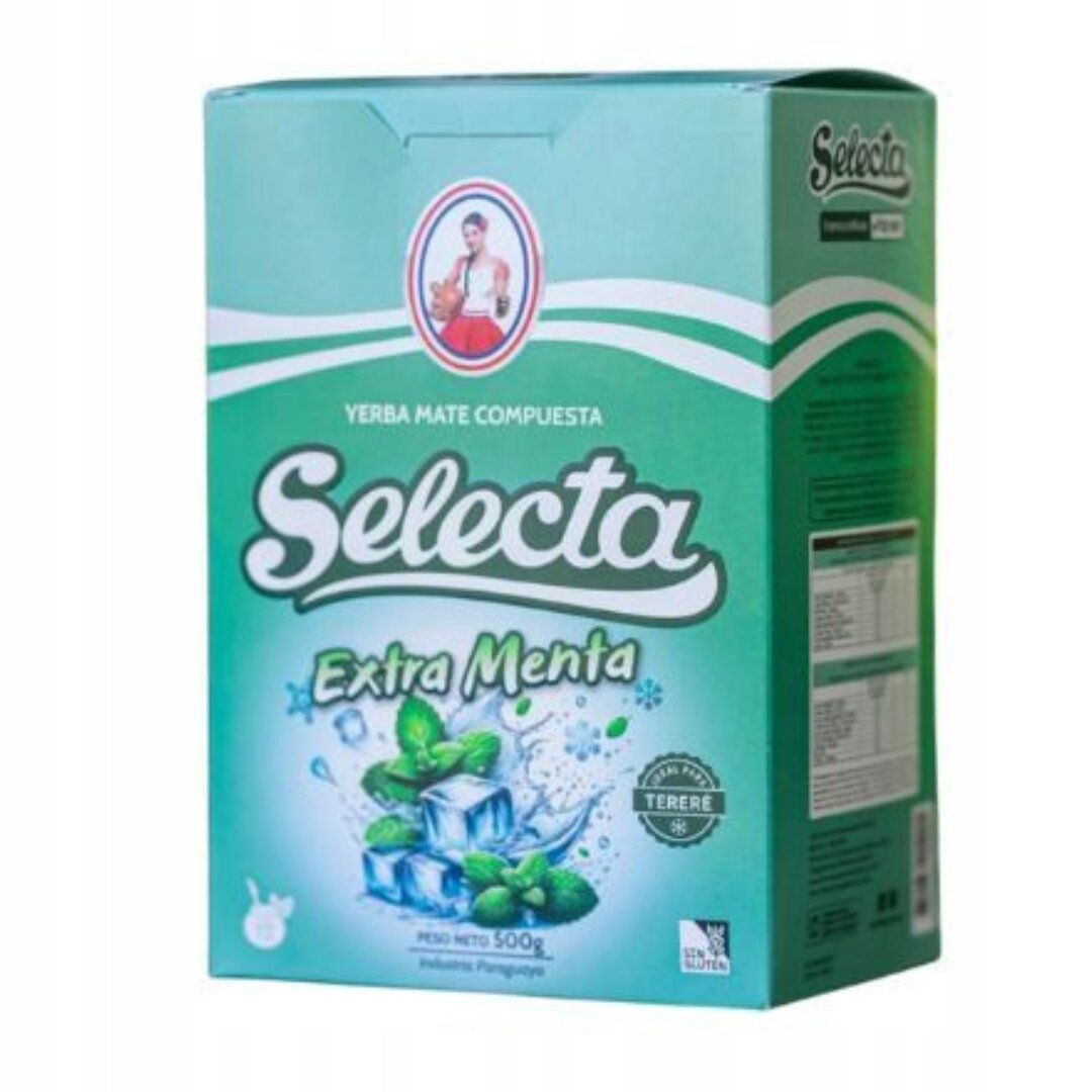 Opakowanie Yerba Mate Compuesta Selecta Extra Menta o wadze netto 500g, z grafiką przedstawiającą kostki lodu i liście mięty. Na opakowaniu widoczne są napisy: \'Yerba Mate Compuesta\', \'Selecta\', \'Extra Menta\', \'Peso Neto 500g\', \'Industria Paraguaya\', oraz logo producenta.