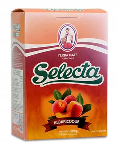 Opakowanie Yerba Mate Selecta Albaricoque z ilustracją moreli i napisem \'Peso Neto 500 g\'.