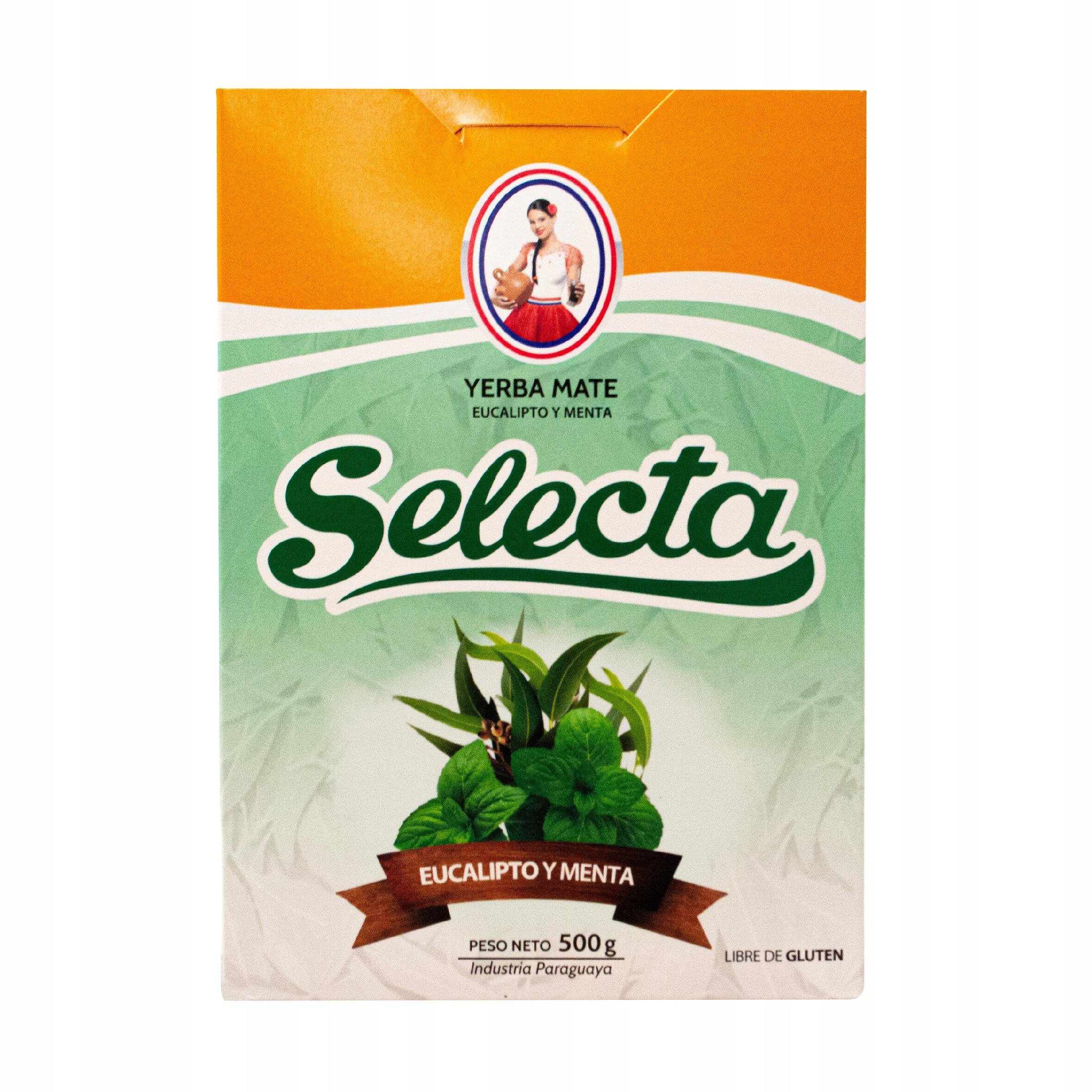 Opakowanie Yerba Mate Selecta Eucalipto Y Menta o wadze 500 g z widocznym logo i grafiką liści mięty oraz eukaliptusa. Na opakowaniu znajduje się napis \'Libre de Gluten\' oraz \'Industria Paraguaya\'.