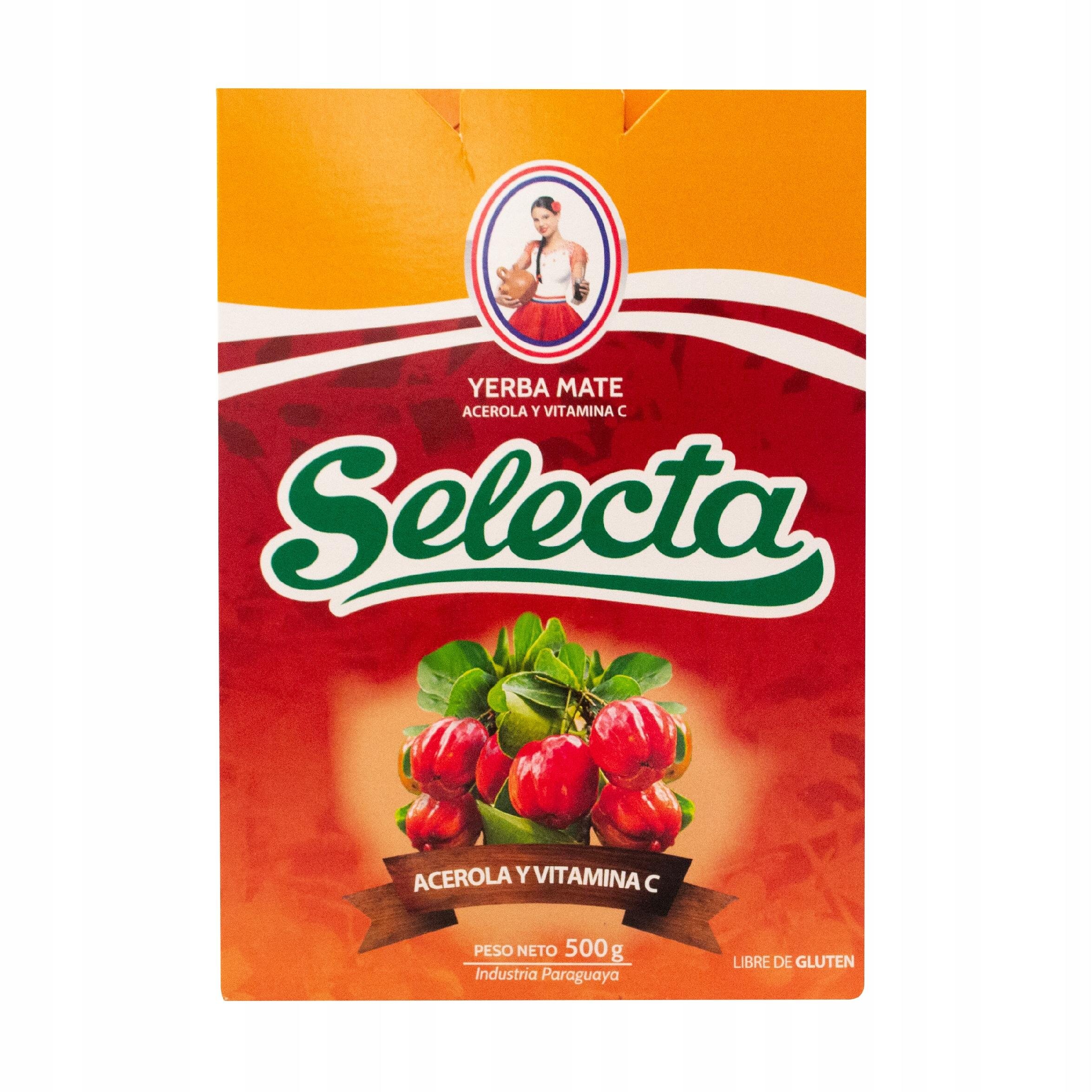 Opakowanie Yerba Mate Selecta Acerola Y Vitamina C o wadze 500g z widocznym logo i grafiką owoców aceroli. Na opakowaniu znajduje się napis: \'YERBA MATE ACEROLA Y VITAMINA C\', \'Selecta\', \'ACEROLA Y VITAMINA C\', \'PESO NETO 500g\', \'Industria Paraguaya\', \'LIBRE DE GLUTEN\'.
