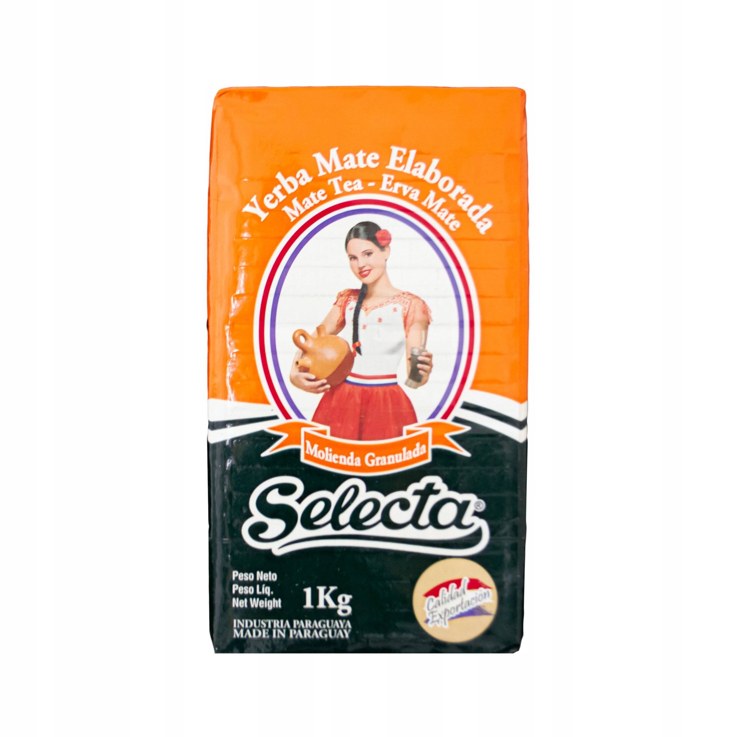 Opakowanie Yerba Mate Selecta Elaborada Con Palo Tradicional 1kg z pomarańczowym tłem i wizerunkiem kobiety trzymającej naczynie. Widoczny tekst: \'Yerba Mate Elaborada Mate Tea - Erva Mate\', \'Molienda Granulada\', \'Selecta\', \'Peso Neto 1Kg\', \'Industria Paraguaya Made in Paraguay\'.