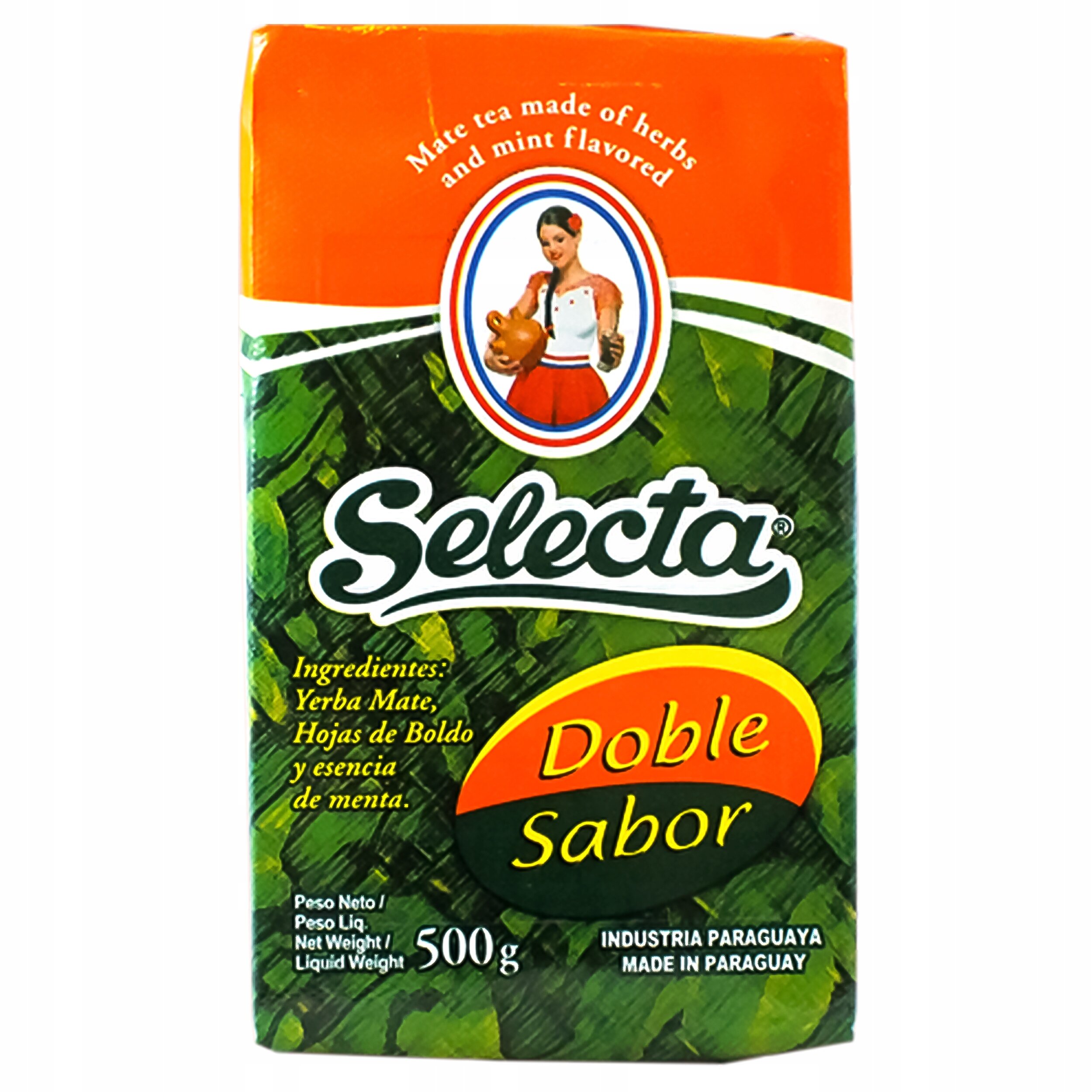 Opakowanie Yerba Mate Selecta Doble Sabor 500g z widocznym logo Selecta i ilustracją osoby trzymającej naczynie. Na opakowaniu znajduje się tekst: \'Mate tea made of herbs and mint flavored\', \'Ingredientes: Yerba Mate, Hojas de Boldo y esencia de menta\', \'Peso Neto / Peso Liq. Net Weight / Liquid Weight 500g\', \'Industria Paraguaya Made in Paraguay\'.
