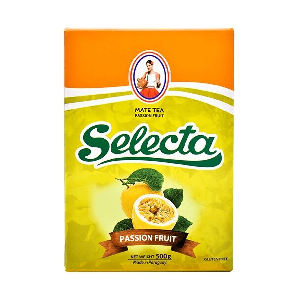 Opakowanie herbaty Mate Tea Passion Fruit marki Selecta, z ilustracją owocu marakui i napisem \'PASSION FRUIT\'. Widoczny tekst: \'NET WEIGHT 500g\', \'Made in Paraguay\', \'GLUTEN FREE\'.