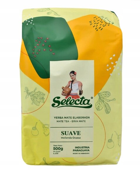 Opakowanie yerba mate marki Selecta z kolorowym wzorem i grafiką osoby trzymającej naczynie. Widoczny tekst: \'Selecta\', \'Yerba Mate Elaborada\', \'Mate Tea - Erva Mate\', \'SUAVE\', \'Molienda Gruesa\', \'Peso Neto 500g\', \'Industria Paraguaya\', \'Made in Paraguay\'.