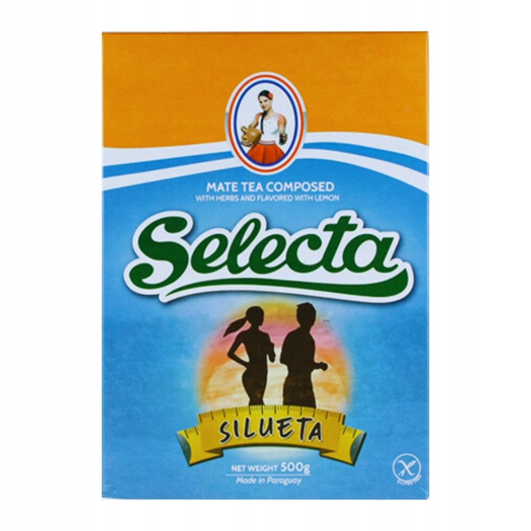 Opakowanie herbaty Mate Tea Composed z ziołami i cytryną marki Selecta, z grafiką dwóch sylwetek na tle zachodzącego słońca. Na dole widnieje napis \'Silueta\' oraz informacja \'Net Weight 500g, Made in Paraguay\'.
