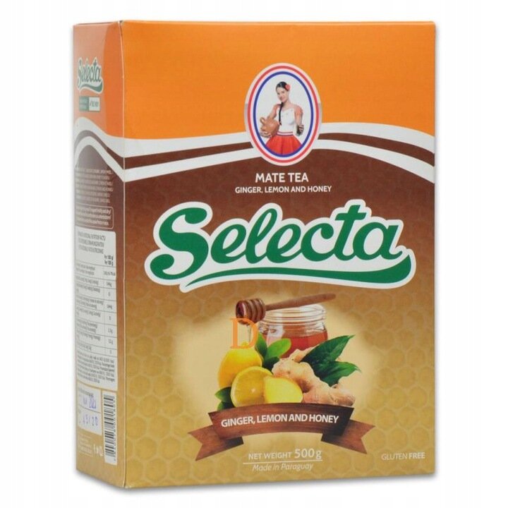 Opakowanie Yerba Mate Selecta Jengibre, Limón Y Miel 500g z widocznym logo Selecta i ilustracją cytryn, imbiru oraz miodu. Na opakowaniu znajduje się napis \'Mate Tea Ginger, Lemon and Honey\'.