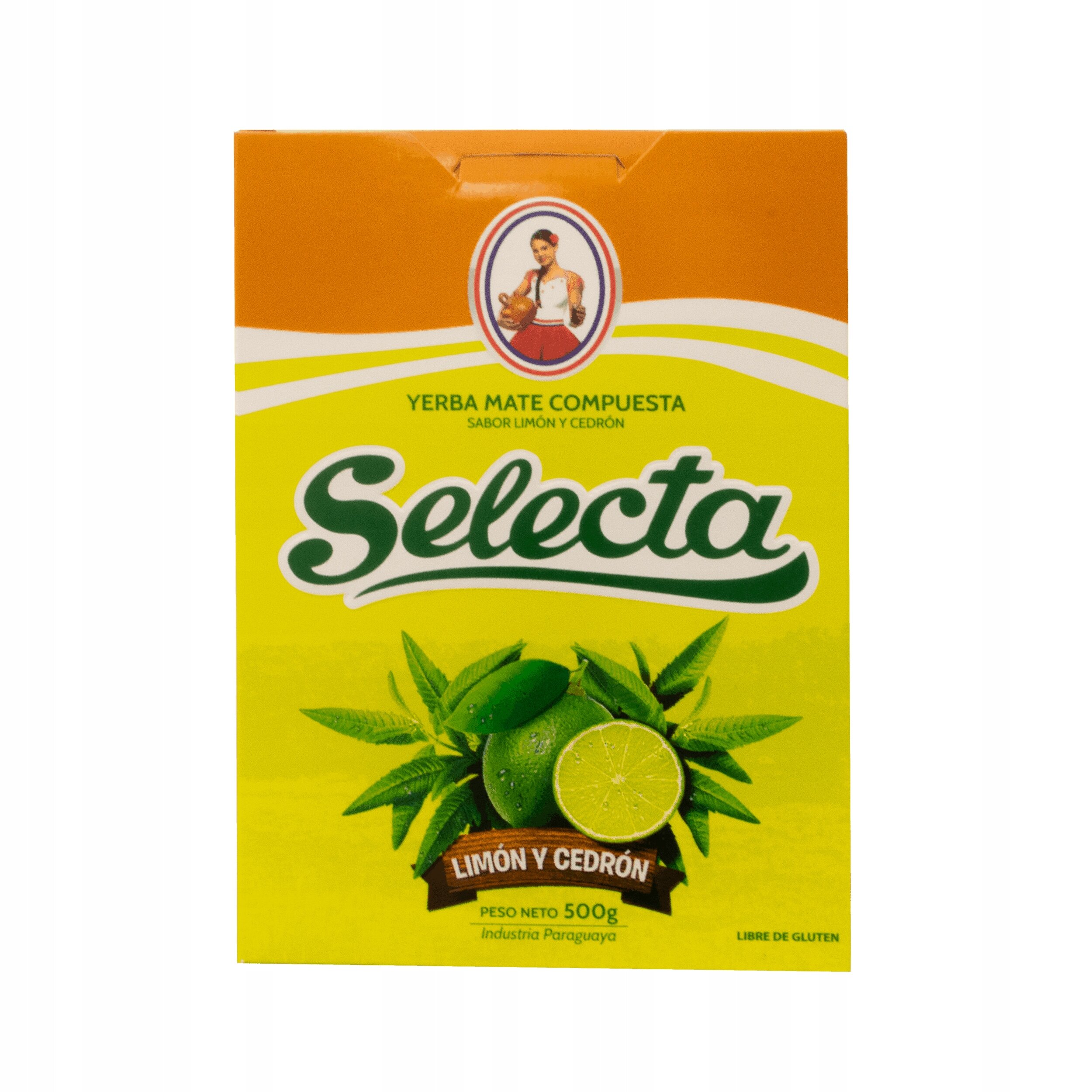 Opakowanie Yerba Mate Selecta Limon y Cedron o wadze 500g z widocznym logo i grafiką cytryny oraz liści. Na opakowaniu znajduje się napis: \'Yerba Mate Compuesta Sabor Limón y Cedrón\'.