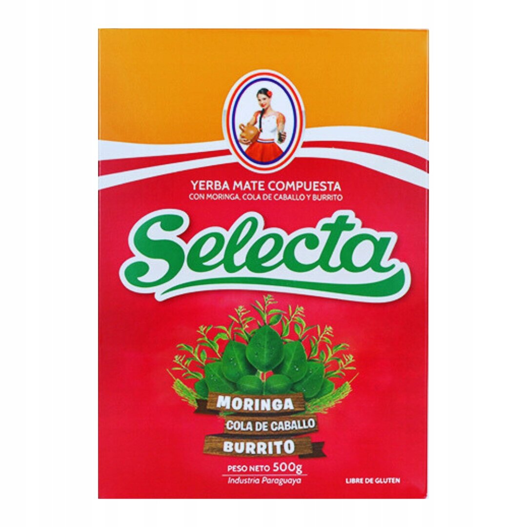 Opakowanie Yerba Mate Selecta z napisem \'YERBA MATE COMPUESTA CON MORINGA, COLA DE CABALLO Y BURRITO\'. Widoczny jest zielony napis \'Selecta\' oraz ilustracja liści z napisami \'MORINGA\', \'COLA DE CABALLO\', \'BURRITO\'.