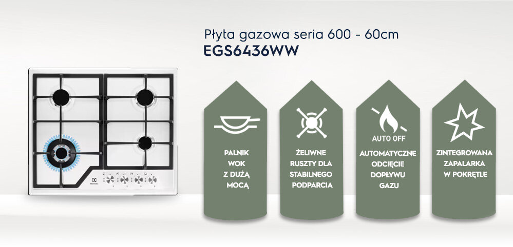 Obraz przedstawia płytę gazową z czterema palnikami, z jednym palnikiem wok z dużą mocą. Obok znajdują się ikony z opisami: \'PALNIK WOK Z DUŻĄ MOCĄ\', \'ŻELIWNE RUSZTY DLA STABILNEGO PODPARCIA\', \'AUTO OFF AUTOMATYCZNE ODCIĘCIE DOPŁYWU GAZU\', \'ZINTEGROWANA ZAPALARKA W POKRĘTLE\'.