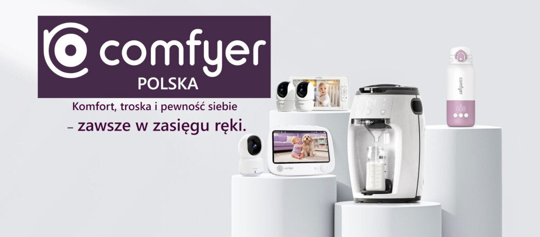 Na obrazie widoczne są różne urządzenia elektroniczne ustawione na białych cylindrycznych postumentach oraz logo \'comfyer POLSKA\'. Tekst na obrazie brzmi: \'Komfort, troska i pewność siebie - zawsze w zasięgu ręki.\'