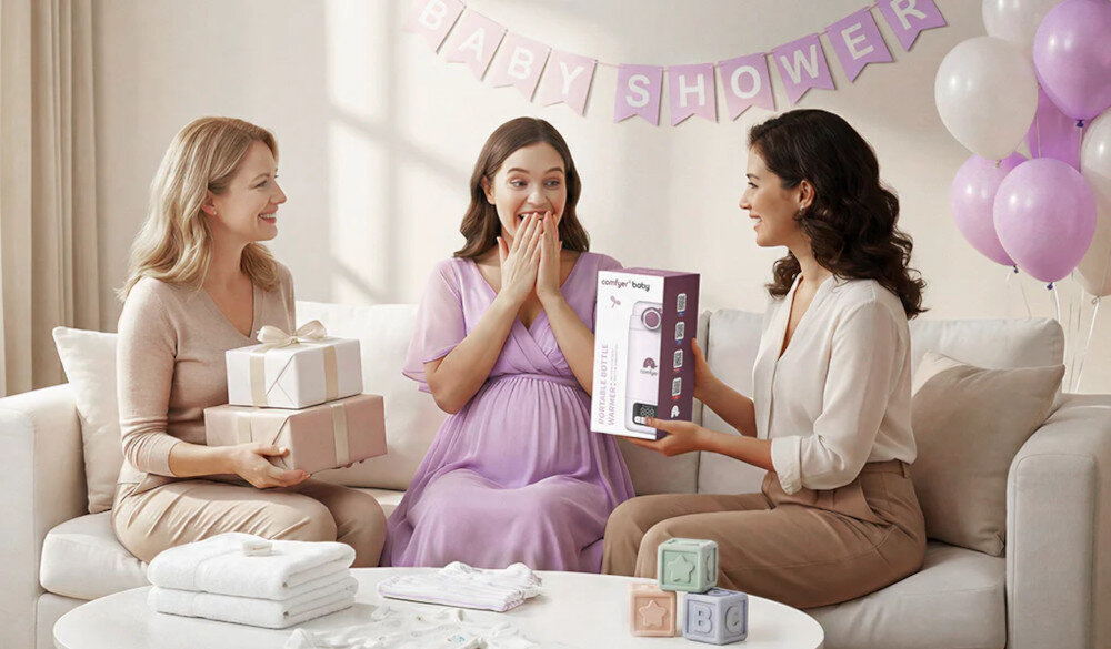 Trzy kobiety siedzą na kanapie, jedna z nich trzyma pudełko z napisem \'comfyer baby\'. W tle widoczna jest dekoracja z napisem \'BABY SHOWER\' oraz balony.