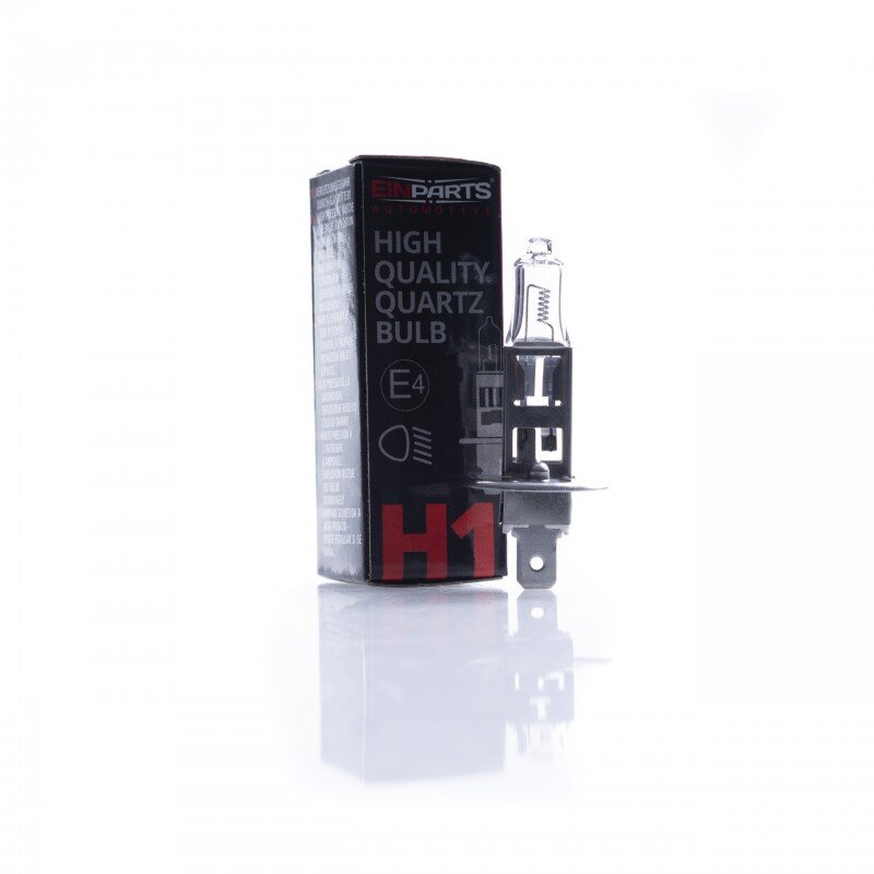 Na obrazie widoczna jest żarówka halogenowa obok pudełka z napisem \'Einparts Automotive High Quality Quartz Bulb H1\'.