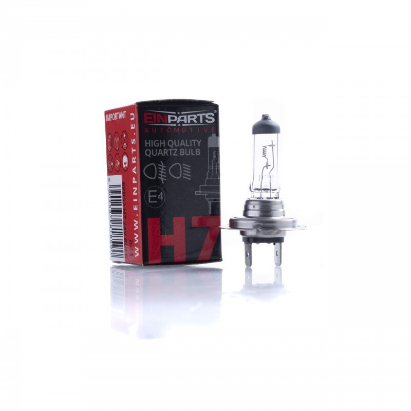 Na obrazie widoczna jest żarówka halogenowa oraz pudełko z napisem \'Einparts Automotive High Quality Quartz Bulb H7\'.