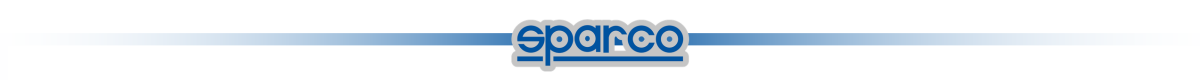 Logo \'sparco\' w kolorze niebieskim na białym tle z niebieskimi liniami po bokach.
