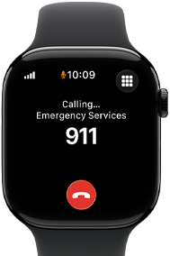 Zegarek z wyświetlaczem pokazującym godzinę 10:09 i tekst \'Calling... Emergency Services 911\'. Widoczna ikona połączenia telefonicznego.