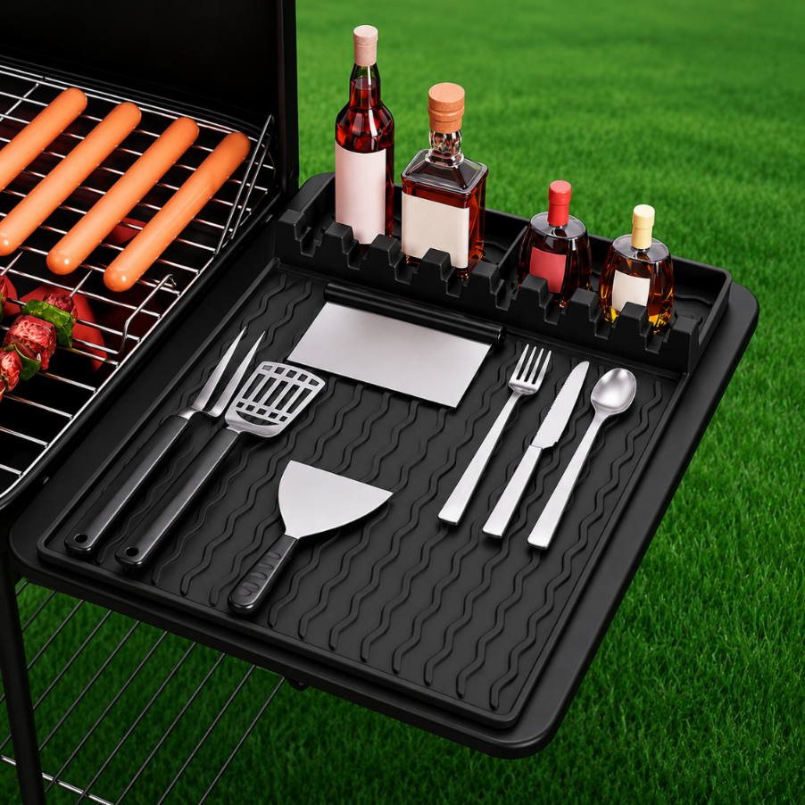 Czarna silikonowa mata na grilla z organizerem, na której znajdują się sztućce i akcesoria do grillowania. Obok maty widoczny jest grill z kiełbaskami i szaszłykami.