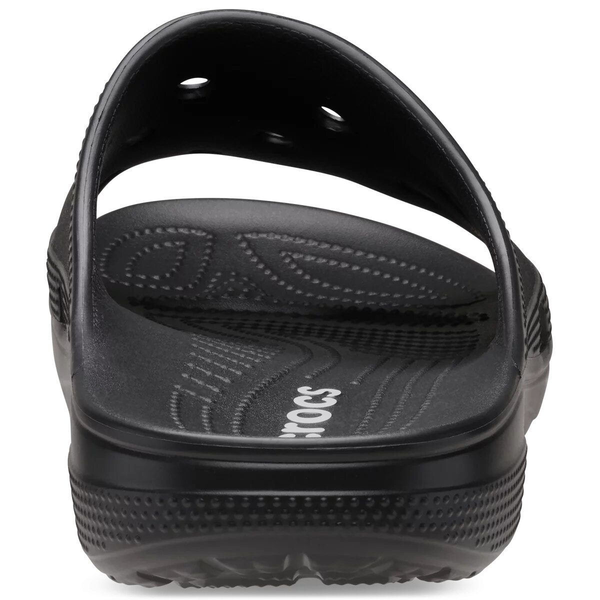 Czarne klapki z widocznym logo \'Crocs\' na wkładce, posiadające otwory wentylacyjne i teksturowaną powierzchnię.