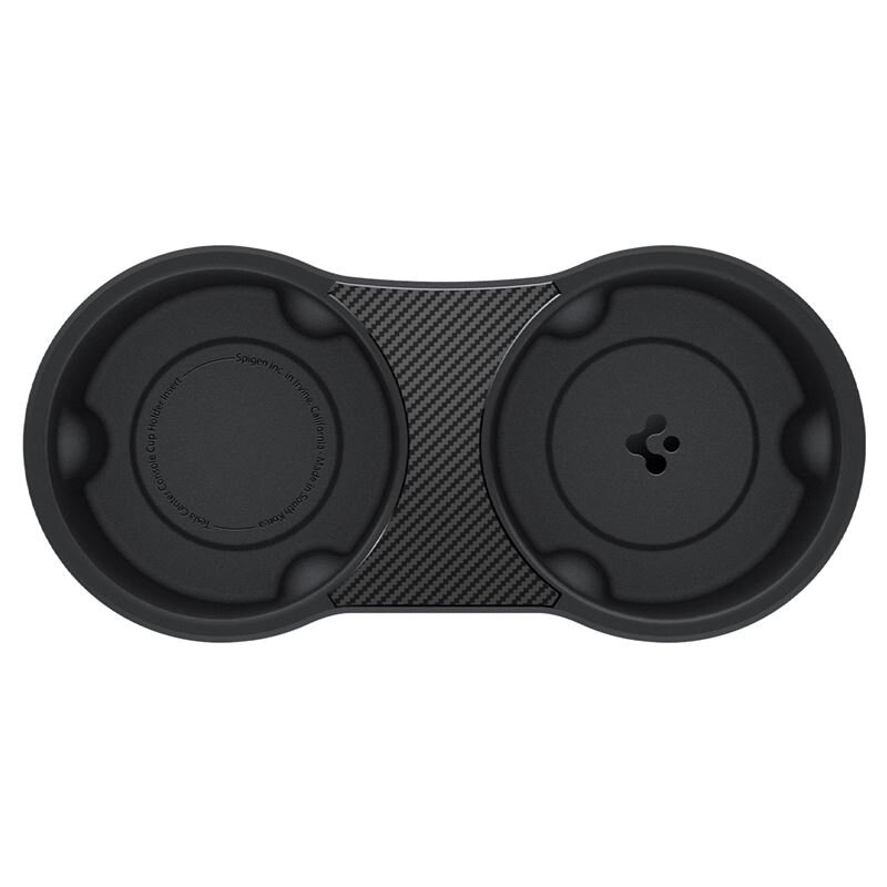 Czarny wkład do uchwytu na kubki z dwoma okrągłymi miejscami na napoje, z tekstem \'Spigen Inc. in Inner Circle Cup Holder Insert\'.