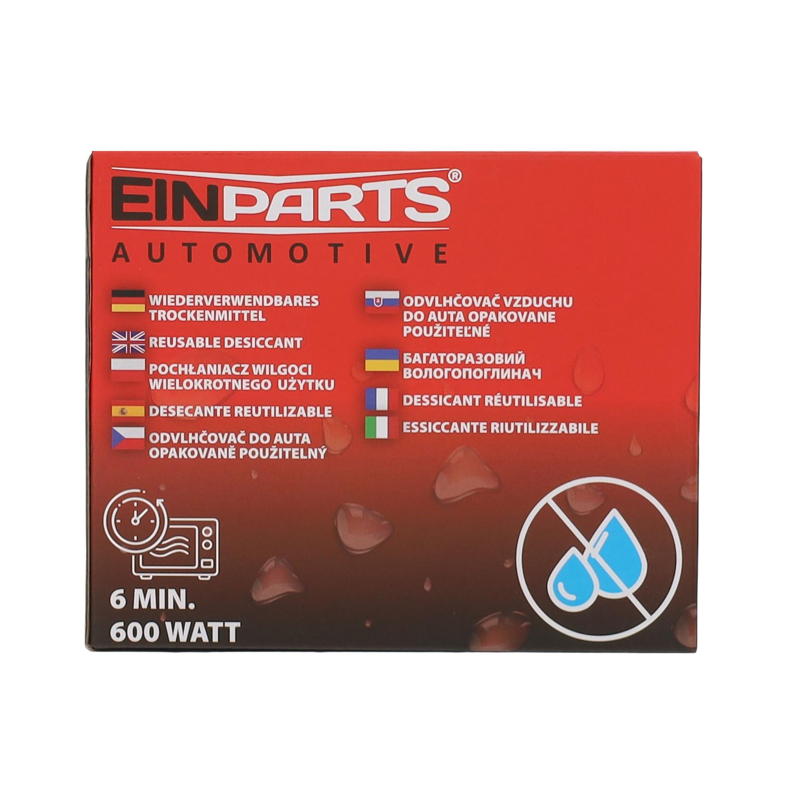 Opakowanie produktu Einparts Automotive z napisem \'POCHŁANIACZ WILGOCI WIELOKROTNEGO UŻYTKU\' oraz instrukcją \'6 MIN. 600 WATT\'.