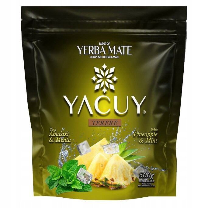 Opakowanie Yerba Mate Yacuy Terere Pineapple Mint 500g z grafiką ananasa, mięty i kostek lodu. Na opakowaniu widoczny jest tekst: \'Blend of Yerba Mate Composto de Erva-Mate YACUY Tereré Com Abacaxi & Menta With Pineapple & Mint 500g\'.