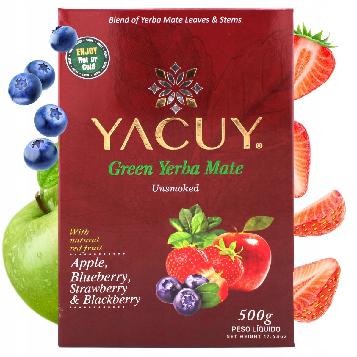Opakowanie Yerba Mate marki Yacuy z napisem \'Green Yerba Mate Unsmoked\'. Widoczne są owoce: jabłko, truskawka, borówka i jeżyna oraz tekst \'With natural red fruit... Apple, Blueberry, Strawberry & Blackberry\'.