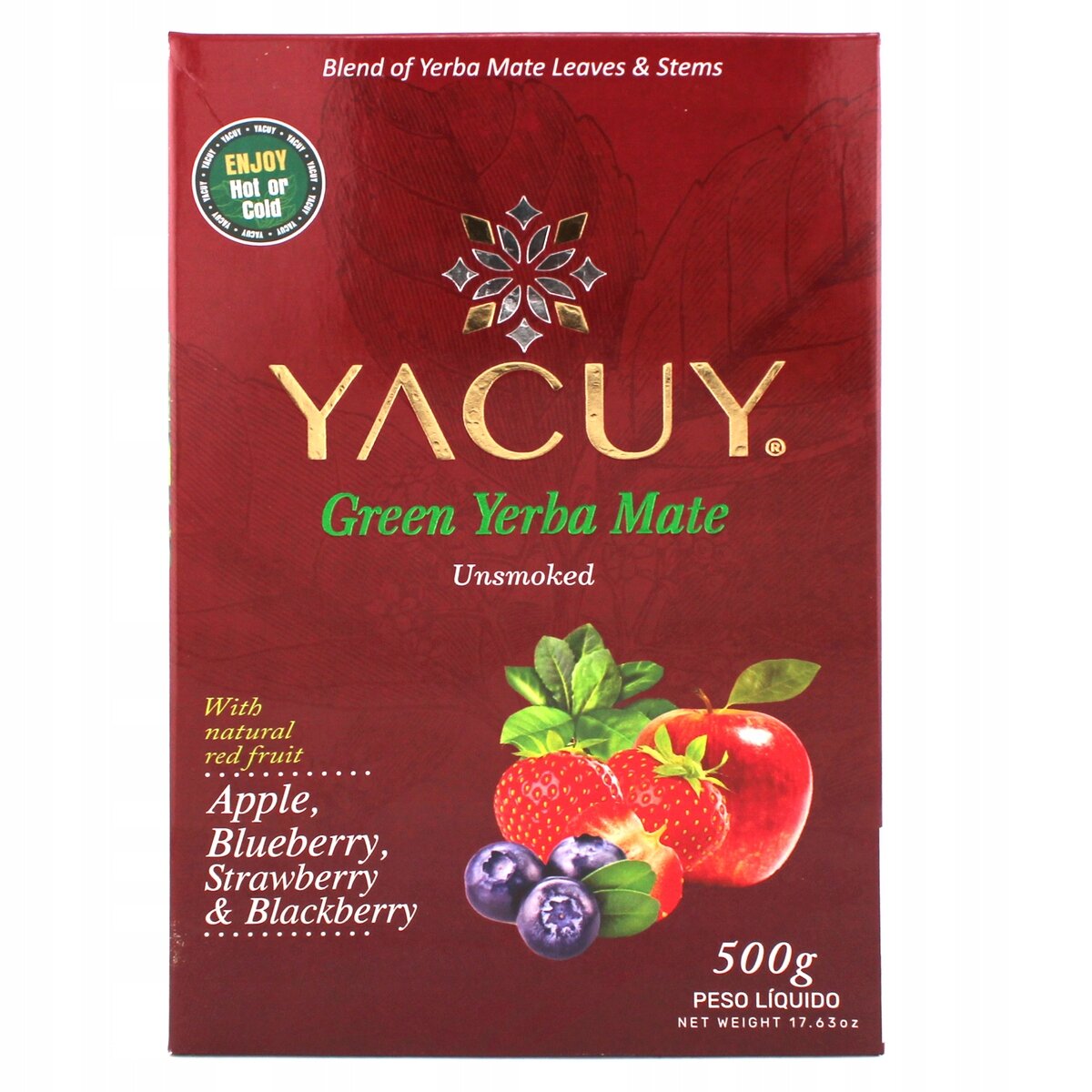 Opakowanie Yerba Mate marki Yacuy z napisem \'Green Yerba Mate Unsmoked\'. Widoczne są owoce: jabłko, truskawka, borówka i jeżyna oraz tekst \'500g Peso Líquido\'.