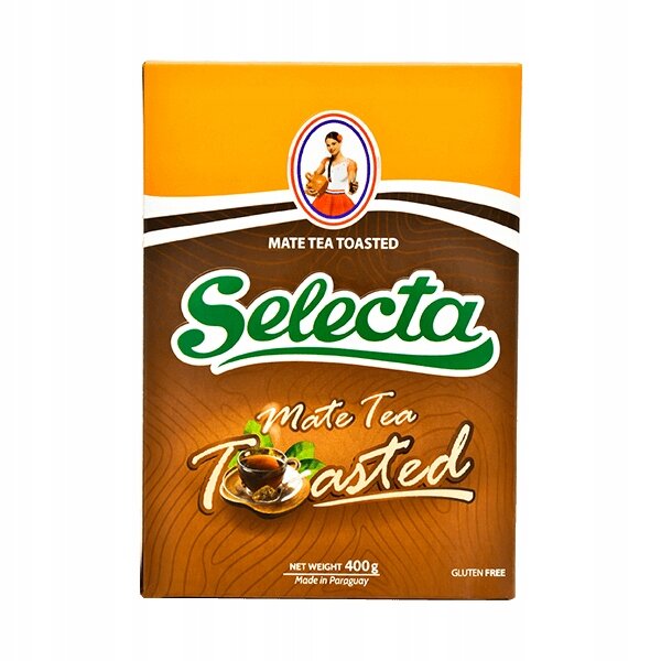 Opakowanie Yerba Mate Selecta Toasted Palona 400g Tostado z napisem \'Mate Tea Toasted Selecta Mate Tea Toasted\'. Widoczne są również informacje \'Net Weight 400g\', \'Made in Paraguay\' oraz \'Gluten Free\'.