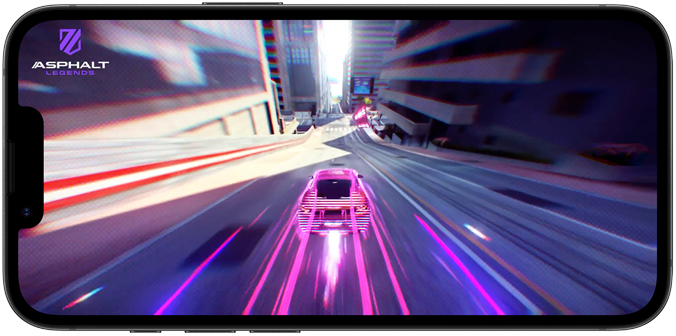 Na ekranie smartfona wyświetlana jest gra wyścigowa z samochodem jadącym po futurystycznej drodze. W lewym górnym rogu widoczne jest logo \'ASPHALT LEGENDS\'.