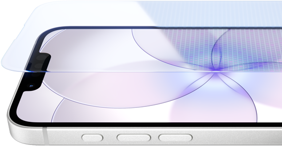 Zbliżenie na czarny smartfon z widocznym ekranem, na którym wyświetlany jest abstrakcyjny wzór w odcieniach fioletu. Na boku urządzenia znajdują się trzy przyciski.