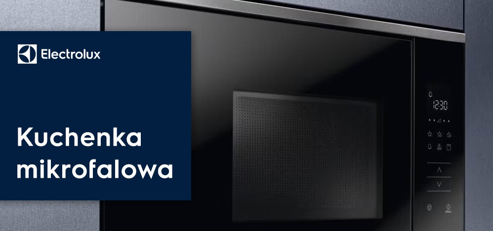 Na obrazie widoczna jest kuchenka mikrofalowa z ciemnym frontem i panelem sterowania po prawej stronie. Po lewej stronie znajduje się niebieski prostokąt z logo Electrolux i napisem \'Kuchenka mikrofalowa\'.