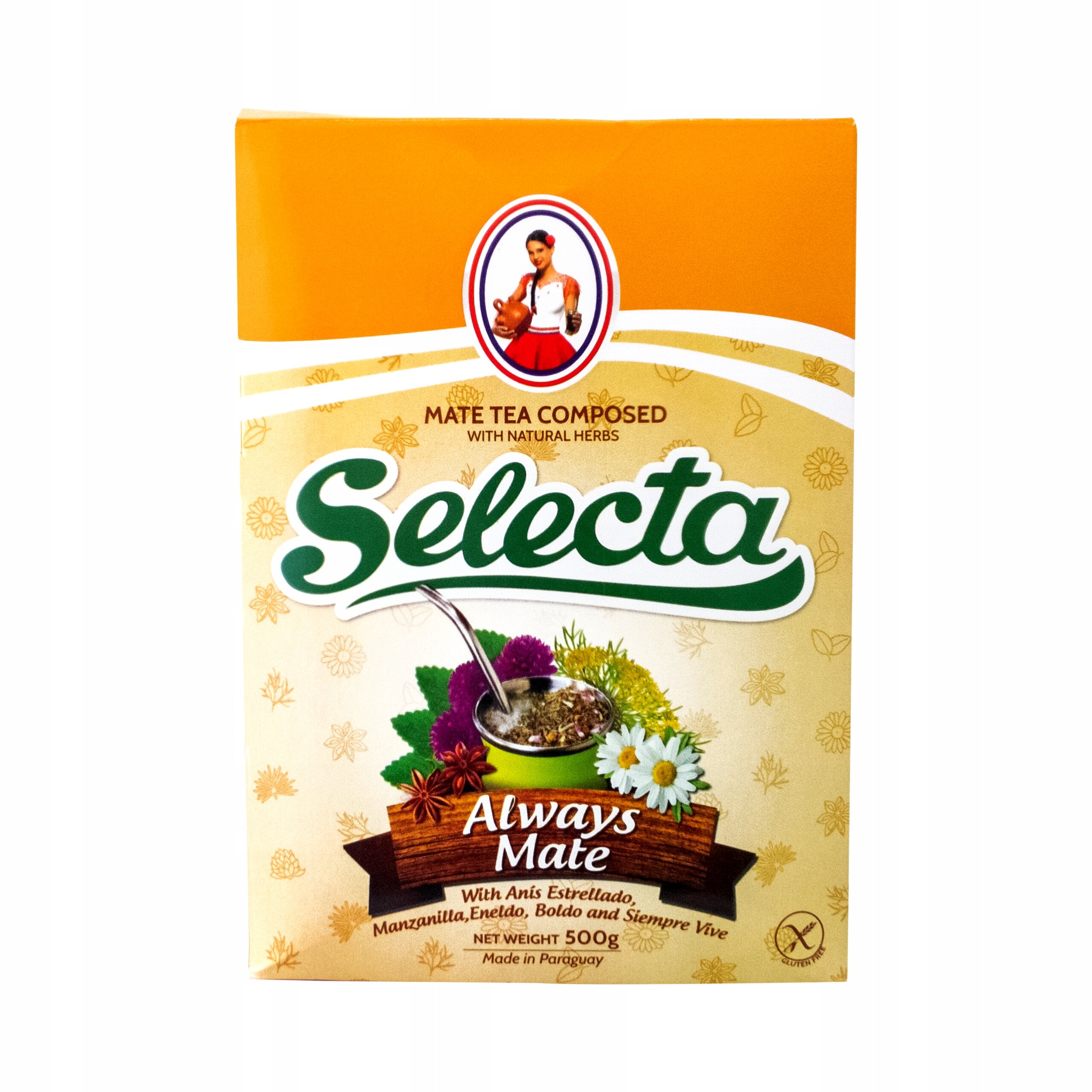 Opakowanie Yerba Mate Selecta Siempre Mate 500g z widocznym logo i grafiką przedstawiającą zioła oraz napar w tykwie. Na opakowaniu znajduje się tekst: \'Mate Tea Composed with Natural Herbs\', \'Always Mate\', \'With Anis Estrellado, Manzanilla, Eneldo, Boldo and Siempre Vive\', \'Net Weight 500g\', \'Made in Paraguay\'.