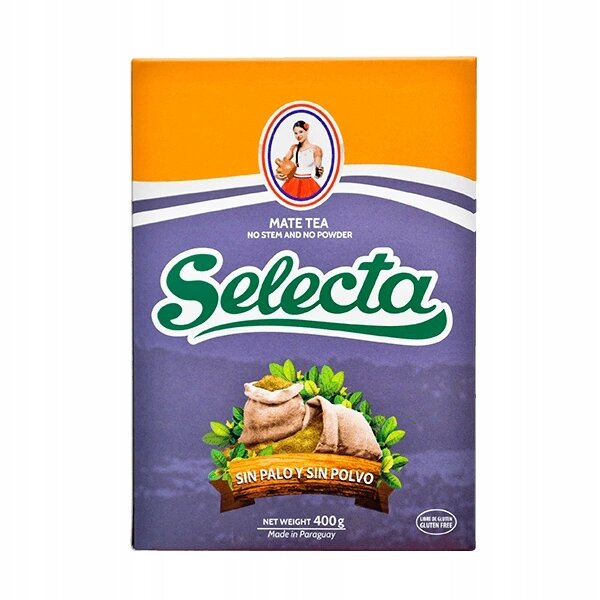 Opakowanie herbaty Mate Tea marki Selecta z napisem \'SIN PALO Y SIN POLVO\'. Waga netto 400 g, wyprodukowano w Paragwaju.