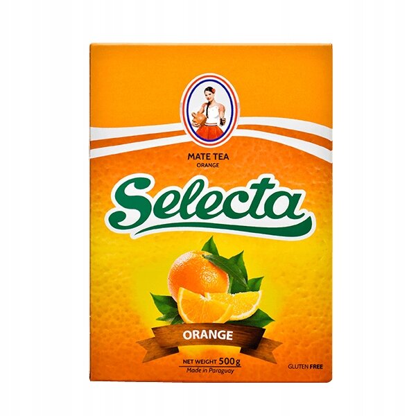 Opakowanie Yerba Mate Selecta Naranja (Pomarańczowa) 500 g z napisem \'Mate Tea Orange\' i grafiką pomarańczy. Widoczne są również napisy \'Selecta\', \'Orange\', \'Net Weight 500 g\', \'Made in Paraguay\', \'Gluten Free\'.
