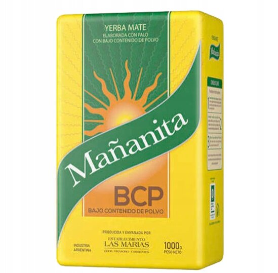 Opakowanie Yerba Mate Mañanita z napisem \'Yerba Mate Elaborada Con Palo Con Bajo Contenido De Polvo\'. Widoczne są również napisy \'BCP Bajo Contenido De Polvo\', \'Industria Argentina\', \'Establecimiento Las Marias\' oraz \'1000 g Peso Neto\'.
