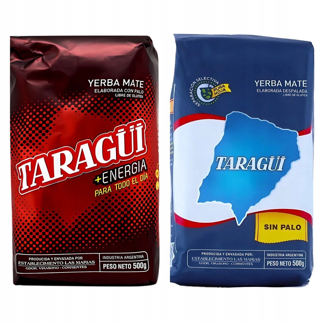 Dwa opakowania Yerba Mate Taragui: jedno czerwone z napisem \'+ENERGIA PARA TODO EL DIA\', drugie niebieskie z mapą i napisem \'SIN PALO\'. Oba opakowania mają oznaczenie \'PESO NETO 500g\'.