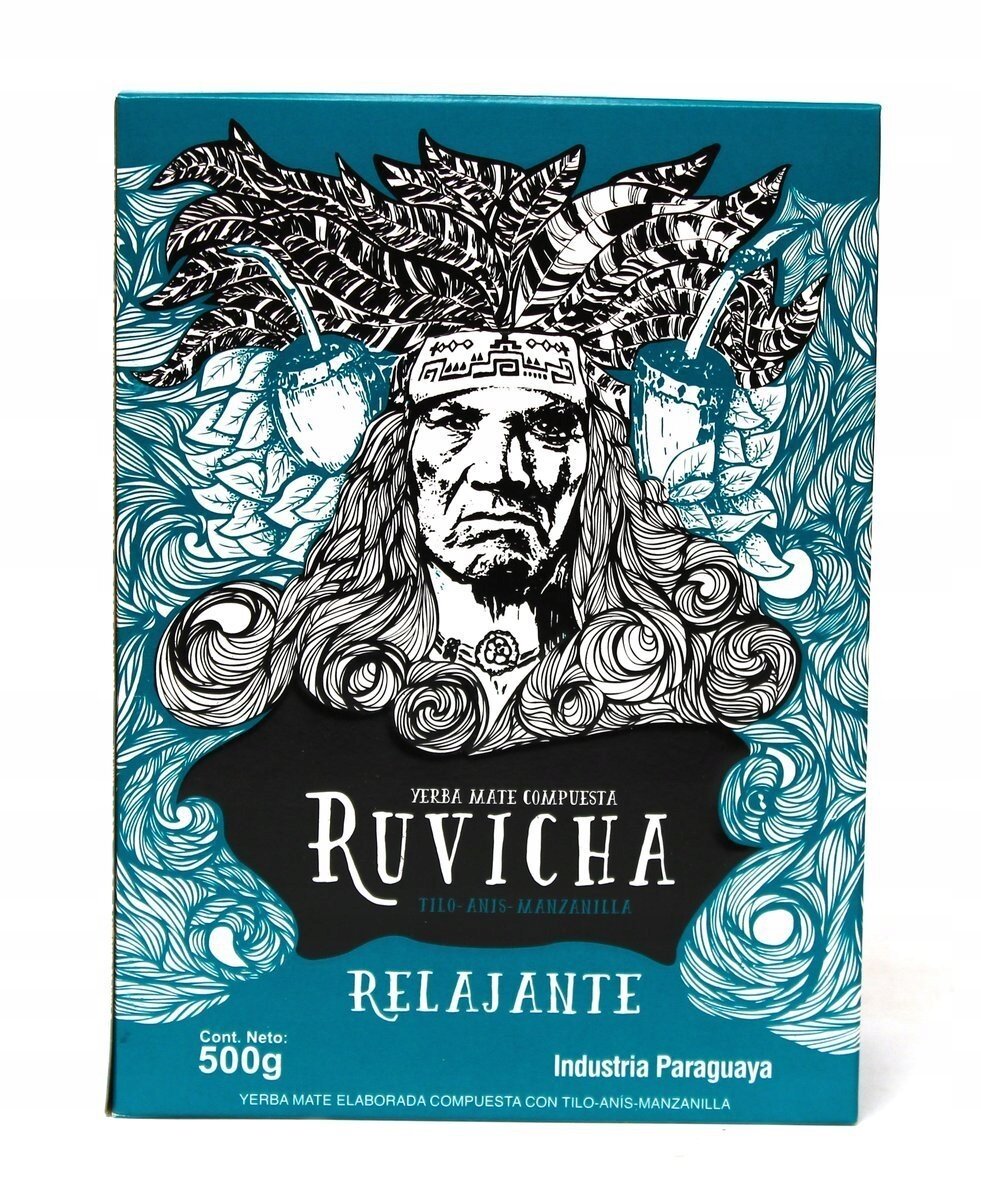 Opakowanie Yerba Mate Ruvicha Relajante 500g z ilustracją twarzy i liści na tle. Widoczny tekst: \'Yerba Mate Compuesta Ruvicha Tilo-Anis-Manzanilla Relajante Cont. Neto: 500g Industria Paraguaya\'.