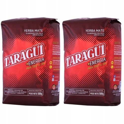 Dwa opakowania Yerba Mate TARAGUI Energia, każde o wadze 500g, z czerwonym tłem i białym napisem. Na opakowaniach widoczne są informacje o produkcie oraz logo producenta.