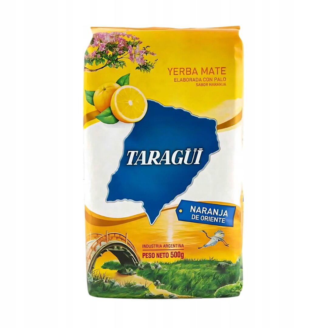 Opakowanie Yerba Mate Taragui Naranja de Oriente o wadze 500g z grafiką pomarańczy i kwiatów. Widoczny napis: \'TARAGÜI\', \'NARANJA DE ORIENTE\', \'INDUSTRIA ARGENTINA\', \'PESO NETO 500g\'.