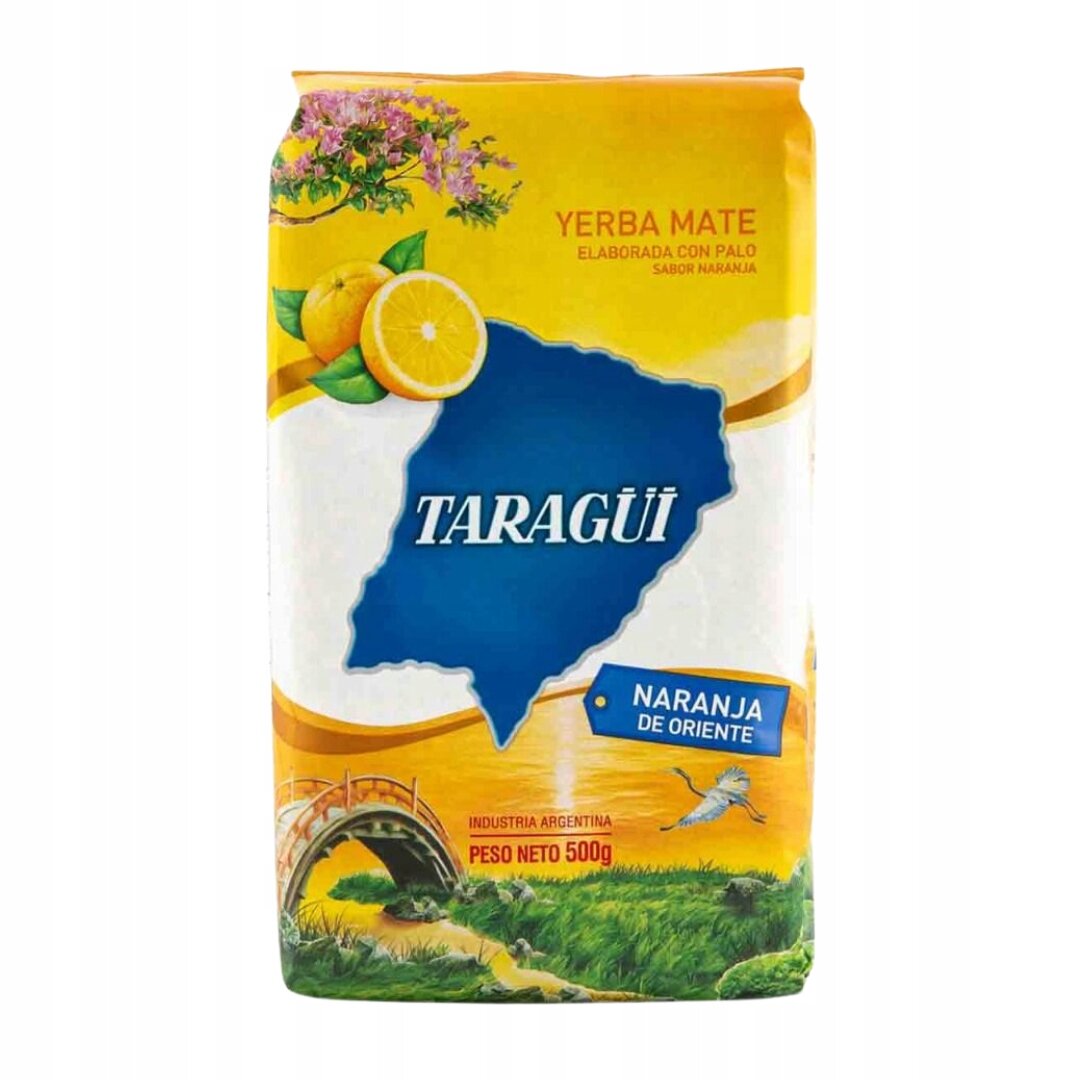 Opakowanie Yerba Mate Taragui o smaku pomarańczowym z grafiką pomarańczy i mapą na tle krajobrazu. Tekst na opakowaniu: \'YERBA MATE ELABORADA CON PALO SABOR NARANJA\', \'TARAGÜI\', \'NARANJA DE ORIENTE\', \'INDUSTRIA ARGENTINA\', \'PESO NETO 500g\'.